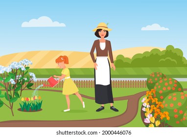 Family farmers people work, water flowers in farm garden vector illustration. Cartoon girl and mother gardener characters working and gardening, happy little daughter holding watering can background