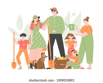 La familia de los agricultores se mantiene unida. Mamá, papá, dos hijos, una hija y una abuela. Agricultura, agricultura, cultivo de frutas y verduras. Alimentos frescos y saludables de temporada. Ilustración plana vectorial.