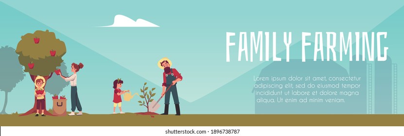 Family farming banner template - cartoon parents and children at summer farm planting trees and harvesting apple fruits. Flat vector illustration of nature harvest