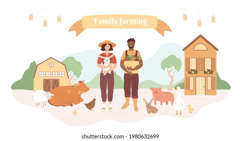 Family farming concept. Young man holds basket of vegetables and woman in hat holds rabbit. Farm animals, happy couple, barn, livestock, house with flowers on the window, hills and trees on background