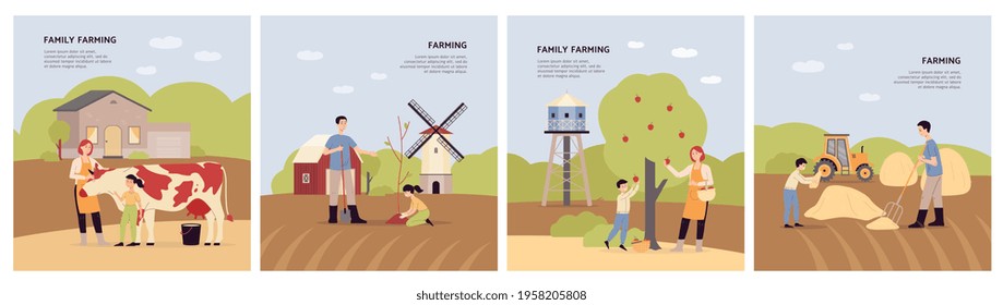 Family Farming Set Of Banners With People Working In Farm, Flat Vector Illustration. Parents And Children Growing Agricultural Plants And Taking Care Of Farm Animals.