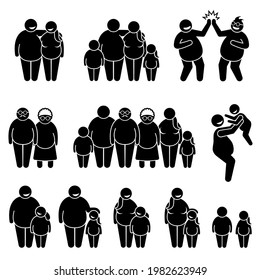 Family of fat obese overweight people standing together stick figure pictogram icons. Vector illustrations depict fat couple, family, parent, friends, brother, sister, children, and grandparent. 