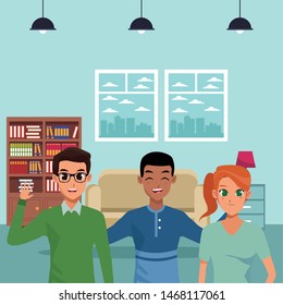 Family father with adult daughter and afro son inside home vector illustration graphic design