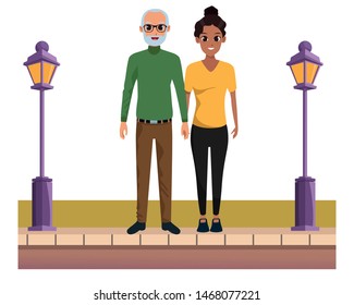 Family father with adult daughter smiling cartoon on the street urban scenery ,vector illustration graphic design.
