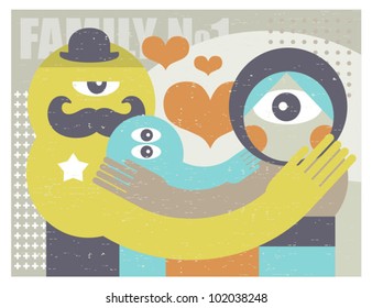 Family: father, child, mother. Abstract vector illustration in retro style.