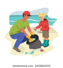 Family father and daughter cleaning up trash on the sea beach together. Sustainable climate visuals. Caring for the environment, ecology. Vector stock illustration.