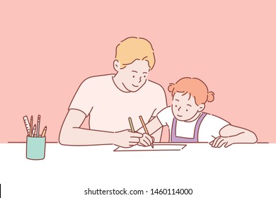 Family Father Daughter Love Parenting Teaching Drawing Togetherness Concept
. Hand Drawn Style Vector Design Illustrations.