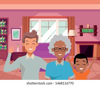 Family father and grandmother with little son inside home vector illustration graphic design