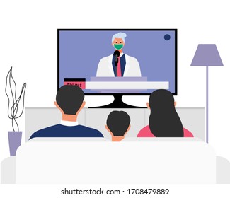 Family Father, Mom And Children Sitting On The Couch And Watching Tv Doctor In The Interview On Podium In News. People Characters Back View Illustration. Family Watching Tv Daily News Flat Vector.