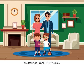 Family father and mother with boys and ball vector illustration