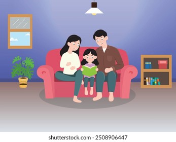 Family, father, mother and child reading a book together on the sofa at home. flat illustration design