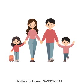 A family of father, mother and child are walking together.Vector illustration isolated on white background.