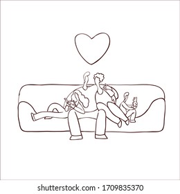 Family father mother and children sitting hugging on sofa. Line sketch, vector illustration.