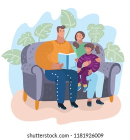 Family. Father, mother and daughter reading story book together sitting on the couch. Happy parents with their child. Vector cartoon illustration in modern concept