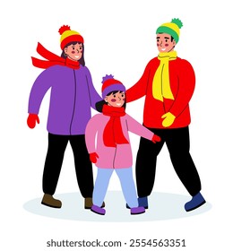 Family, father, mother and daughter in winter clothes. The family spends time together. Vector illustration on a white background.