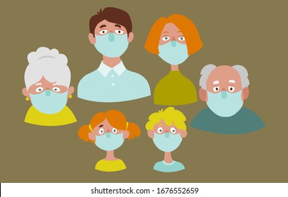 Family father, mother, girl, boy, grandfather and grandmother in medical masks. Quarantine during the covid-19 coronovirus pandemic. Cartoon illustration in a flat style.