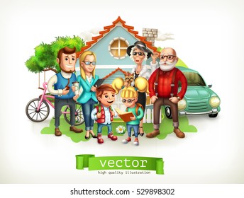 Family. Father, mother, grandmother, grandfather, son, daughter. House. 3d vector