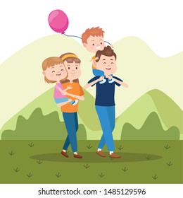 Family father and mother having fun with childrens walking at park with balloon vector illustration graphic.