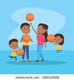 Family father and mother having fun with childrens and basketball game on blue background vector illustration graphic.