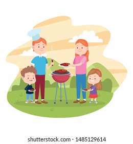 Family father and mother having fun with children bbq day at park vector illustration graphic.