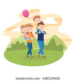 Family father and mother having fun with childrens walking at park with balloon vector illustration graphic.