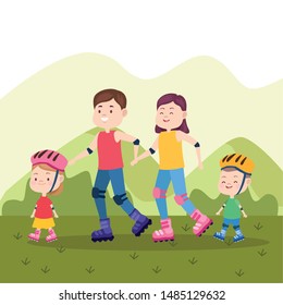 Family father and mother having fun with childrens with skates at park vector illustration graphic.