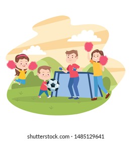 Family father and mother having fun with children playing soccer at park vector illustration graphic.