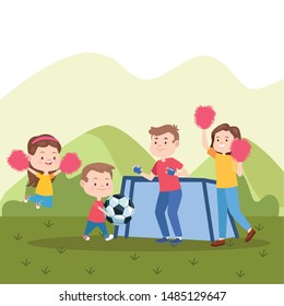 Family father and mother having fun with childrens playing soccer at park vector illustration graphic.