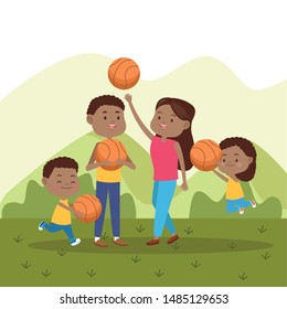 Family father and mother having fun with childrens and basketball game vector illustration graphic.