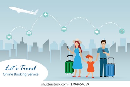 Family, father, mother and kid carry luggage, travelling aboard in big city, scheduling vacation trip by remote online booking hotel and facilities. Idea for online traveling service technology