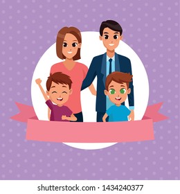 Family father and mother with kids cartoon on round emblem with blank ribbon banner vector illustration