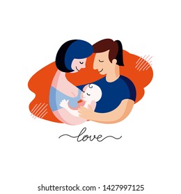 Family - Father and mother in love hug their baby. Vector colorful contour flat illustration. Happy parents and newborn. Happiness and childbirth. Great print, postcard, poster.