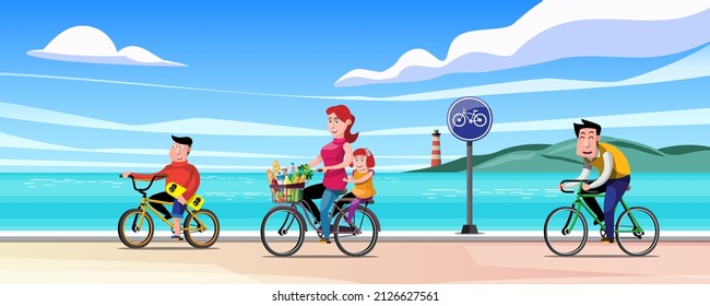 Family, father, mother and parents, children traveling on vacation They ride bicycles to admire the scenery of the seaside. Collection of vector illustrations and elements