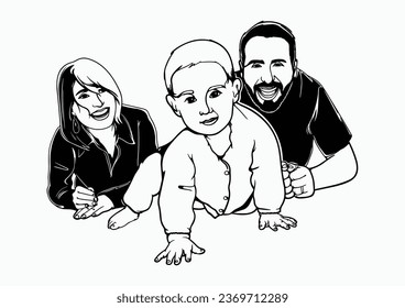 family, father, mother and son, black and white vector illustration for laser engraving