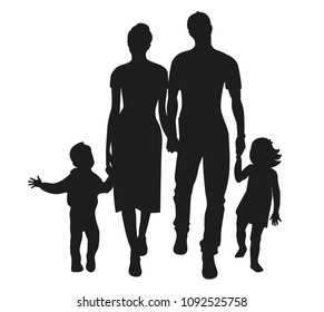 Familie. Vater, Mutter, Sohn und Tochter. Vektorillustration, schwarze Silhouette auf weißem Hintergrund.