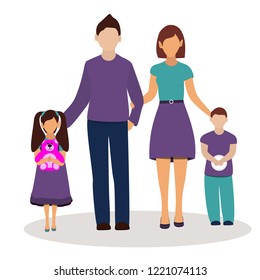Family. Father, mother, son and daughter together on white background. Vector illustration.