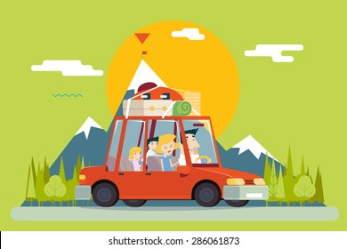 Family Father Mother Son Daughter Travel Lifestyle Concept of Planning Summer Vacation Tourism and Journey Symbol Car Forest City Modern Flat Design Icon Template Vector 