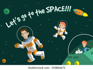 Family (father, mother & son) goes explore the space (Flat Design)