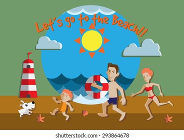 Family (father, mother & son) goes enjoy the beach during vacation (Flat Design)