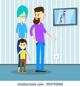 Family Father Mother Son Home Interior Flat Vector Illustration