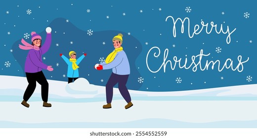 Family, father, mother and son playing snowballs outdoors, Merry Christmas card, banner. Vector illustration.