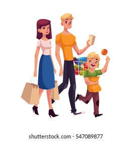 Family of father, mother and son shopping together, cartoon vector illustration isolated on white background. Family buying food, shopping, carrying bags and basket with grocery products