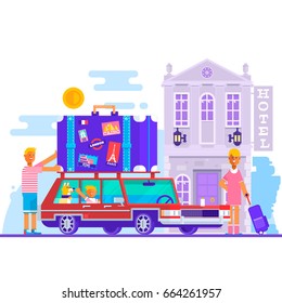 Family Father Mother Son Travel Lifestyle Concept of Planning Summer Vacation Tourism and Journey Symbol Vector Illustration