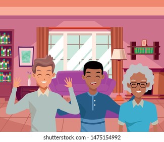 Family father and son with grandmother inside home vector illustration graphic design