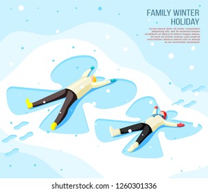 Family father and son making drawing of butterfly on snow during winter holiday isometric background vector illustration