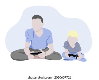 Family: father with son playing video games - cartoon characters illustrations isolated on white background. A young father and his child are sitting, having a good time and playing together.