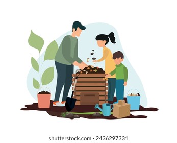 Family of father and sons composting.composter and around it the family and the necessary elements such as water, organic waste, cardboard, sand, leaves.