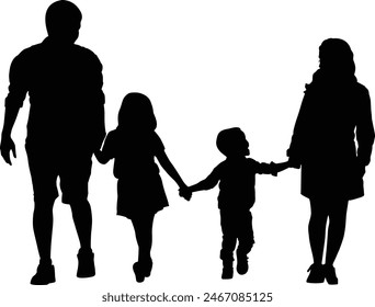 A family father two children and mother holding hands together silhouette vector design. transparent background.