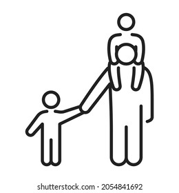 Family father and two kids monochrome linear icon vector illustration. Dad holding hands and sitting on neck children isolated on white. Male parent enjoying parenting. Parenthood and childhood