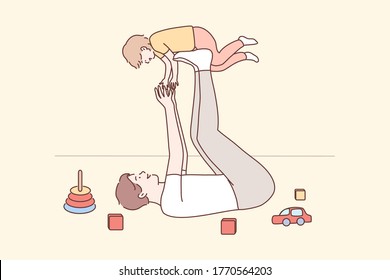 Family, fatherhood, childhood, play, recreation, leisure concept. Joyful young man dad lying on carpet floor lifting excited happy little child kid son at home. Having fun and fathers day illustration